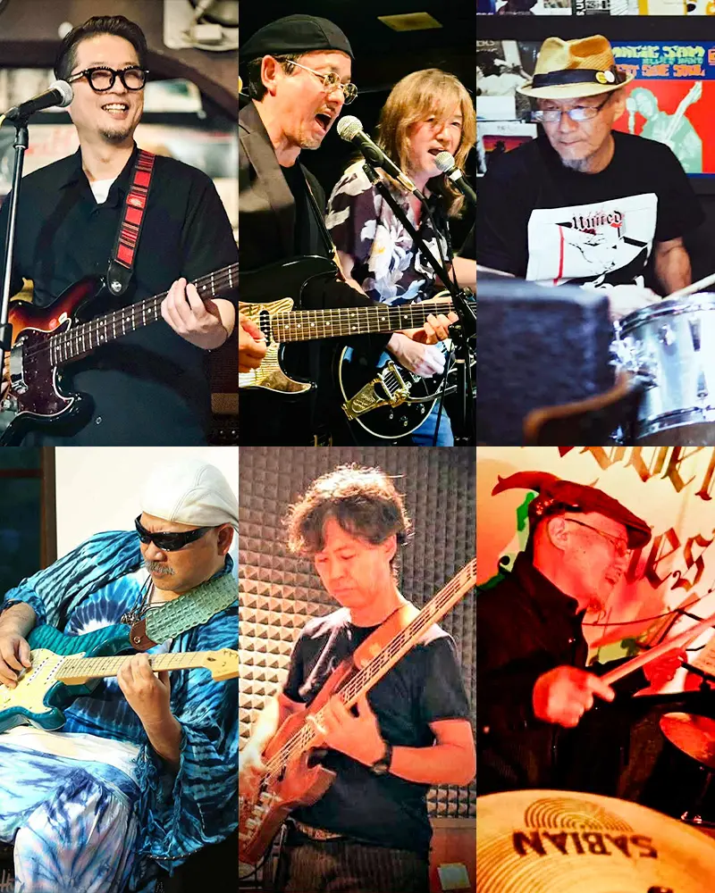 ［AHOOES & CRAZY FRIENDS］Jackie Ozeki（Guitar&Vocal）村尾政宏（Guitar&Vocal）中村百錬（Bass）ミミ上岡（Drums） ［NOBI ＆ M＆M'S］NOBI（Guitar＆Vocal）中村もんどう（Bass）ミミ上岡（Drums）