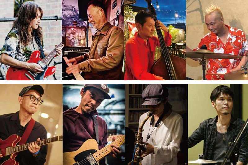 ［improvibes4］村尾政宏（Guitar＆Vo）藤井信之（keyboard）西川まさひさ（Bass）はせお（Drums） ［No Name Blues Band］Yoshi水野（guitar & vocal）池田真一（guitar）Ayako Minami（alto sax）さーさん（drum）