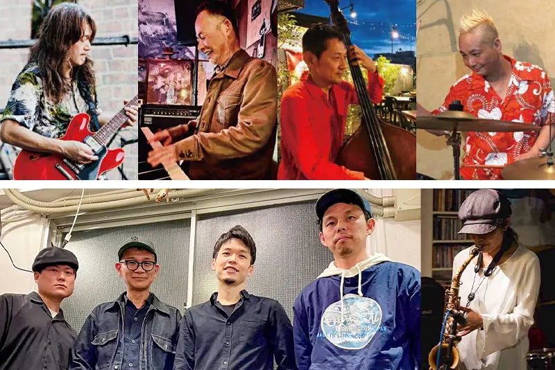 ［improvibes4］村尾政宏（Guitar＆Vo）藤井信之（keyboard）西川まさひさ（Bass）はせお（Drums）  [Yoshi blues band w/Ayako Minami] Yoshi水野（guitar & vocal） 池田真一（guitar） 山田知征（bass） さーさん（drum） Ayako Minami（alto sax）