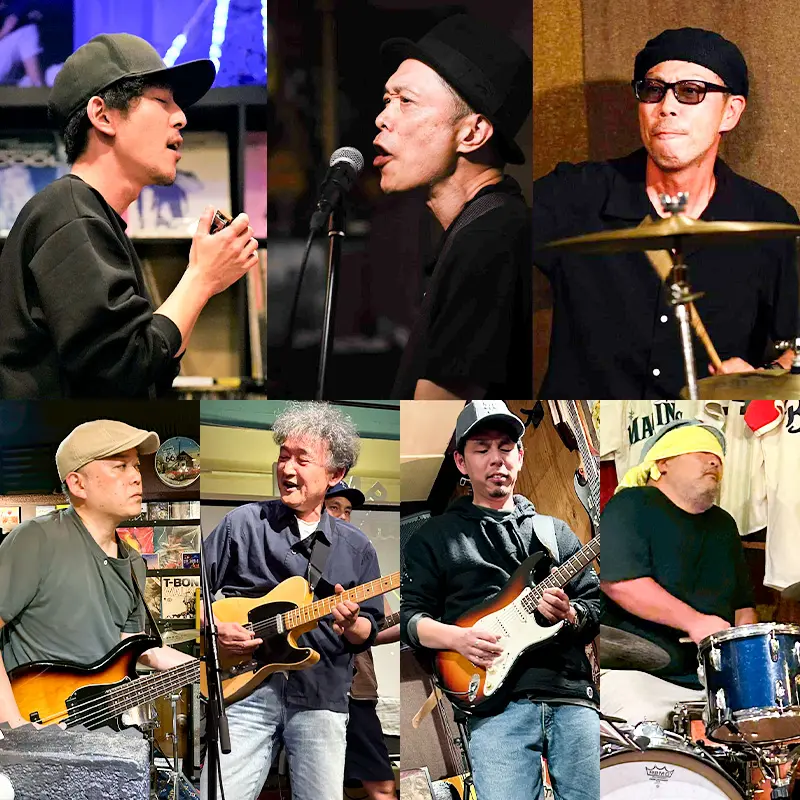 ［THE PYTHONS］ 木寺勝久（v/h/g） 豊田淳一（v/h/g） 横井幸輔（d）  ［BLUES KICKS］ 平山洋介（v/g） 池田真一（g） 小川勝史（b） 高野太一（d）