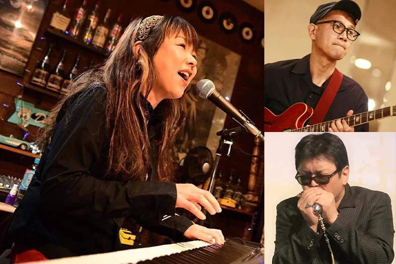 "和田八美（pf/vo）［Guest］水野快行（gt/vo）大野木一彦（hca/vo） "